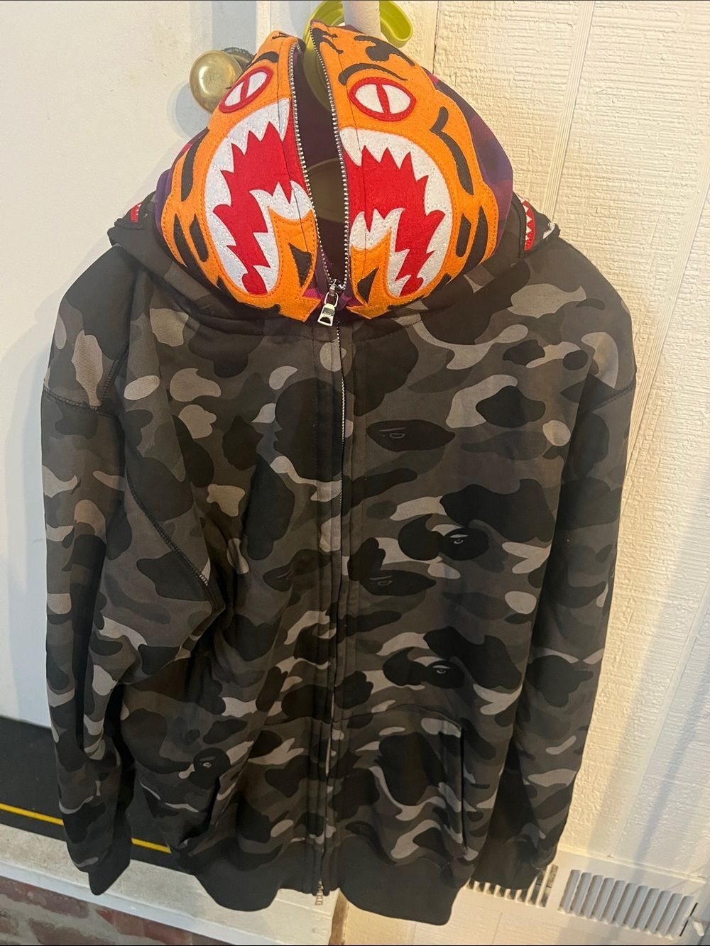 A bathing Ape Camo Zip-Up Hoodie with Bold Orange Tiger Shark Hood